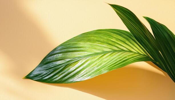 Tropical Leaf Macro Photography Showcase Soft Yellow Background Copyspace for Design Nature Close-Up photo
