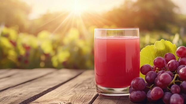 Freshly Squeezed Grape Juice in a Sunlit Vineyard Drink on Wooden Table Nature Background Copyspace photo
