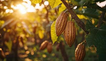 Cacao Harvesting Action on Organic Farm Lush Green Background with Copyspace photo