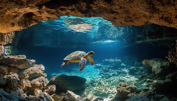 Gommy the Turtle Navigating Underwater Caverns with Background Copyspace in a Vibrant Ocean Environment photo