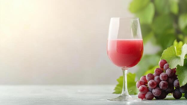 Refreshing Tabletop Scene with Freshly Squeezed Grape Juice Soft Background Copyspace for Creative Use photo