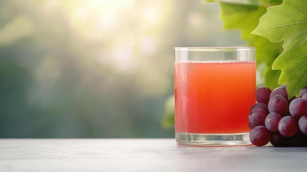 Refreshing Grape Juice with Background Copyspace Tabletop Scene Natural Light Outdoor Setting photo