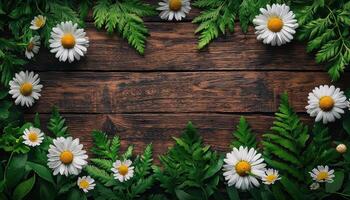 Floral Arrangement with Daisies and Ferns Wooden Background Copyspace Nature Flat Lay photo