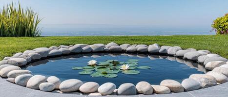 Tranquil Pond Reflection Serene Backyard Nature Photography Calm Environment Copyspace Background photo