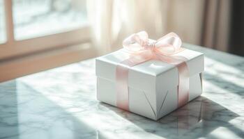 Delicate Gift Box with Bow Indoor Setting Product Photography Soft Background Copyspace photo