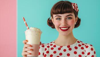 Cheerful Young Woman in Retro Diner Enjoying Milkshake Colorful Background Copyspace photo