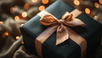 Elegant Black Gift Box with Satin Ribbon Soft Background Copyspace for Celebrations photo