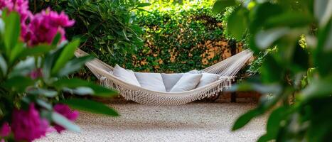 Tranquil Hammock Escape Lush Garden Nature Photography Relaxing Background Copyspace View photo
