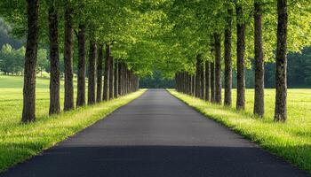 Sunlit Treelined Avenue Background with Copyspace Nature Scene in Serene Environment photo