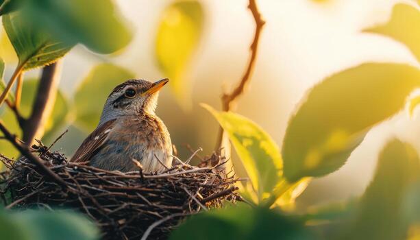Robin Nesting in a Tree Nature Scene Closeup Shot Background with Copyspace photo