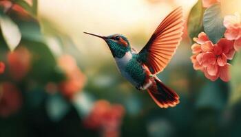 Hummingbird Hovering Near Flowering Vine Nature Wildlife Background Copyspace photo