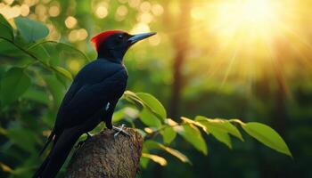 Woodpecker Tapping in Tranquil Forest Nature Scene Background with Copyspace photo