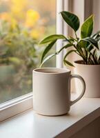 Tranquil Coffee Cup by the Window A Bright Natural Background Lifestyle Copyspace photo