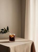 Cola Drink on Table Minimalist Room Beverage Photography Soft Background Copyspace for Branding photo