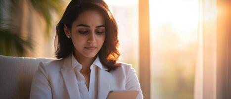 Indian Businesswoman Using Smartphone in Modern Office Background with Copyspace photo
