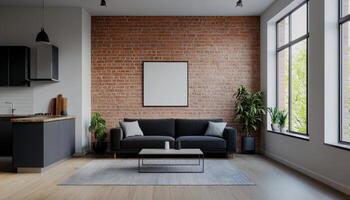 Industrial Loft Living Room with Exposed Brick Walls Modern Design Background Copyspace photo