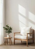 Minimalist Chic Wooden Sofa with Copyspace Background in Contemporary Home Setting photo