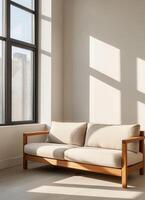 Stylish Wooden Sofa in Sunlit Minimalist Corner Indoor Background with Copyspace photo