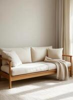 Minimalist Wooden Sofa Design in Elegant Room with Background Copyspace for Modern Living photo