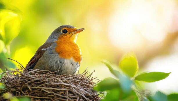 Robin Nesting in Tree Nature Scene Closeup Background with Copyspace Tranquil Environment photo