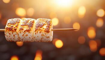 Roasting Marshmallows on a Skewered Stick Outdoor Campfire Food Photography Warm Background Copyspace photo