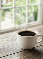 Steaming Coffee Cup on a Simple Table Cozy Home Background Copyspace for Text photo