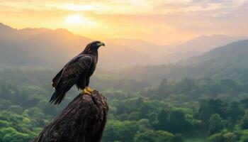 Majestic Eagle Soaring Above Lush Valley at Sunrise Nature Scene with Background and Copyspace photo