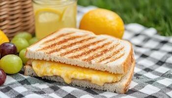 Outdoor Picnic Setup with Melted Cheese Sandwiches Park Background Copyspace Delicious Food Experience photo