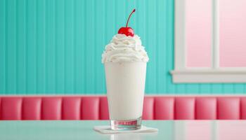 Deliciously Overflowing Milkshake with Whipped Cream Colorful Background Copyspace Fun Vibe photo