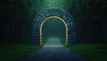 Illuminated Stone Archway in Lush Forest Serene Pathway Background Copyspace photo