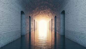 Mysterious Light at the End of a Stone Corridor Abstract Reflection Calm Background Copyspace photo