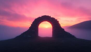 Misty Sunset Through Stone Archway Serene Landscape Atmospheric Image Natural Background Copyspace photo