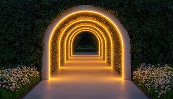 Illuminated Nighttime Garden Pathway Enchanting Landscape Low-Resolution Background with Copyspace photo