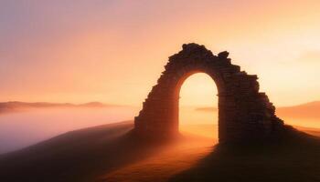 Misty Landscape with Stone Arches Atmospheric Background Copyspace for Creative Use photo