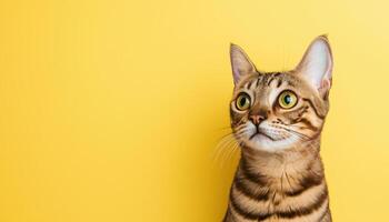 Bengal Cat Portrait Bright Yellow Background Animal Photography Studio Environment Side View Copyspace Included photo