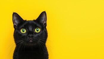 Sleek Black Cat with Green Eyes Yellow Background Portrait Image Studio Environment Intent Expression Copyspace photo