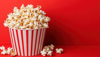 Classic Red and White Striped Popcorn Bucket Spilling on Bright Background with Copyspace photo