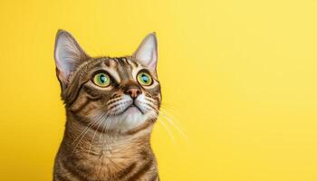 Bengal Cat Portrait with Yellow Background and Copyspace for Design Indoor Setting Close-Up View photo