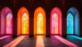 Illuminated Stone Arches in a Cathedral Colorful Background with Copyspace photo