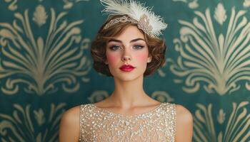 Elegant Flapper Fashion Art Deco Background Portrait Photography Glamorous Environment Copyspace photo