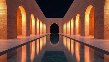 Illuminated Stone Arches at Night Tranquil Reflections Artistic Background Copyspace photo