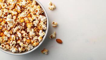 Caramel Popcorn Overhead View White Background Food Photography Copyspace for Design photo