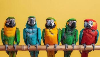 Colorful African Parrots Perched on Bamboo Yellow Background High-Quality Image Copyspace photo