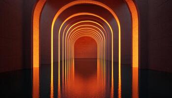 Illuminated Stone Archways at Night Artistic Capture Tranquil Water Background Copyspace photo