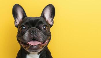 Playful French Bulldog Portrait Yellow Background Closeup Copyspace Environment photo