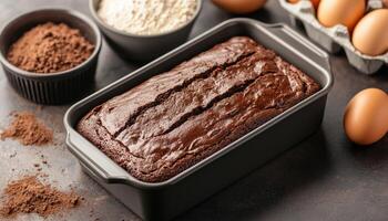Chocolate Loaf Cake Batter Pouring Kitchen Counter Food Photography Dark Background Copyspace photo