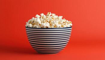 Colorful Striped Bowl of Popcorn Red Background Food Photography Fun Environment Copyspace photo