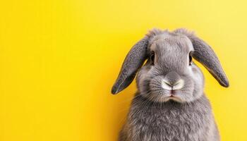 Fluffy Grey Rabbit Posing Against Yellow Background Cute Animal Portrait Soft Textures Copyspace photo