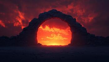 Illuminated Stone Arches Framing Vibrant Sunset Dramatic Background Copyspace View photo