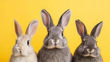 Fluffy Rabbits Posing Together Yellow Background Cute Animal Portraits Studio Close-up Copyspace photo